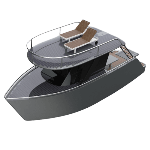 Render houseboata EnerBoat: panele fotowoltaiczne na pokładzie słonecznym i w poszyciu dziobu